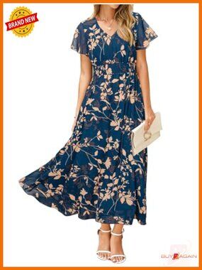 Short Sleeve Floral Maxi Dress Wedding Guest Boho Empire Waist Chiffon Midi